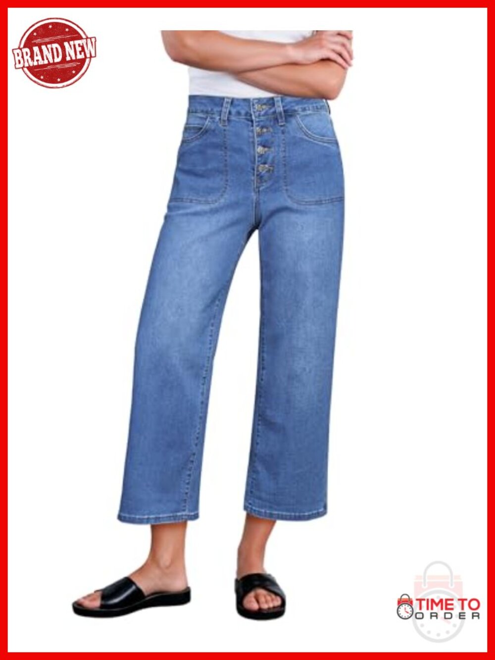 High Waisted Wide Leg Cropped Jeans with Button Fly Stretchy Denim